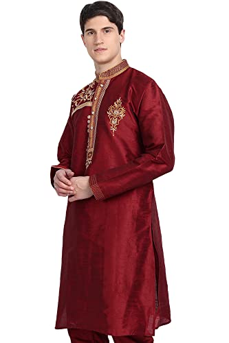 Image of Amazon Brand - Anarva Men Art Silk A-Line Kurta Embroidered Long Kurta
