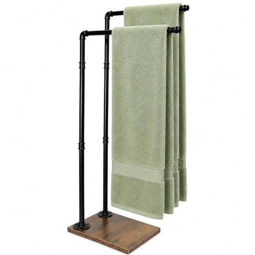 Hjarta Freestanding Towel Rack for Bathroom 2-Tier Free Standing Towel Stand Farmhouse Towel Holder for Bath Towel Sheet Rustic Brown