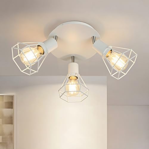 HiBay 3-Light Ceiling Light Fixture, Directional Modern LED Track Lighting White, Metal Cage Farmhouse Spot Light Flush Mount for Kitchen, Bedroom, E26 Base (Bulbs Not Included)