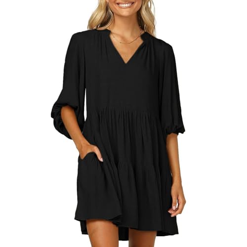 Robe col en V à manches bouffantes aux finitions soignées