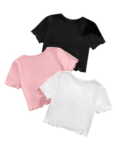 Milumia Girl's 3 Pack Ruched Short Sleeve Crop Tees V Neck Lettuce Trim Cute T-Shirts Tops3
