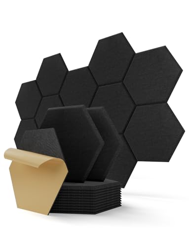 Hexagon Akustikplatten Selbstklebend, 12 Stück Schallabsorber für Tonstudio, Wohnzimmer, Gaming Deko, Kinderzimmer, Buero, Wand, Decken, Türen Akustikpaneele Schwarz, 30 x 26 x 0,9cm