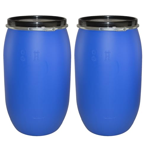 ITP Packaging Two 220 Litre Open Top Shipping Drums with Lid and Latch Ring, Air Tight Ideal For Storage Transport and Export Pet Food, Grain, Vegetables, Fruit & Clothing