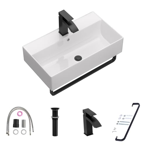 Lordear 21 x 12 Inch Wall Mounted Bathroom Sink with Towel Rack Modern White Wall Hung Sink for Small Bathrooms, Rectangular One Hole Porcelain Vanity Sinks