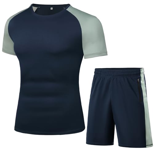 Wayleb Tuta Uomo Completa Estiva Pantaloncini e Magliette T-shirt a Maniche Corte e Collo Arrotondato Traspirante Sportivo Set Tasche e Coulisse per Fitness Running, Blu-Scuro L