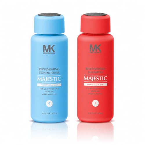 Image of MK Professional Majestic Keratin Replenishing Shampoo and Conditioner Combo 300ml Each, Argan Oil Infused Hair Care, Sulphate and Paraben Free, Moisture and Smoothing Care for Men and Women, All Hair Type