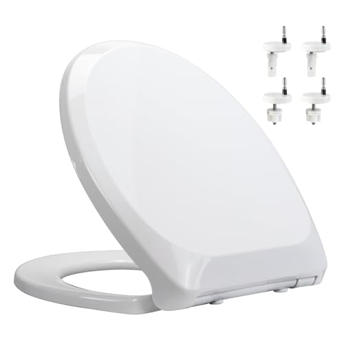 Meaferks Soft-CloseToilet Seat, Non-Slip Bumpers, Quick Release Toilet Hinges Easy to Install & Clean, Including Two Sets of Parts, White (KP109)