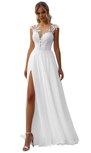 Bofdufo White Wedding Dresses with Slit for Bride...