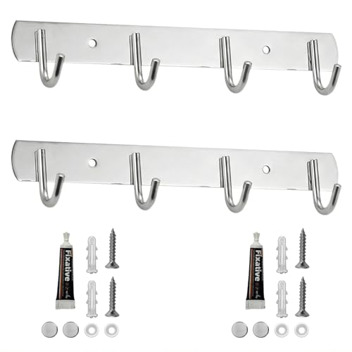 Godneei 2 Piezas Autoadhesivo Percheros Pared, Acero Inoxidable Reforzado Perchero Pared, Cabide Parede con 5 Ganchos, para Entrada, Cocina y Baño (B)