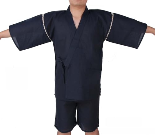 Men's Kimono Japanese Shirt and Shorts Suit, Cotton Linen Loungewear Lounge Set Spa Bathrobe, Navy3