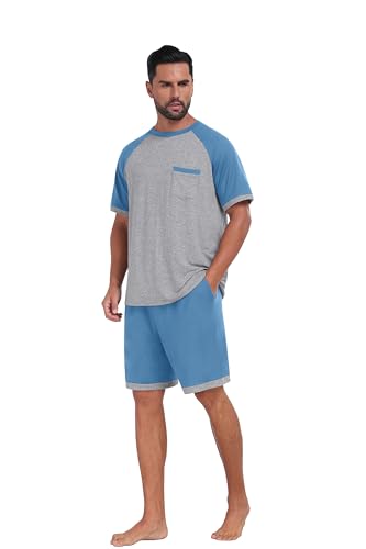 Image of Mens Pajamas Set Lightweight Summer Pjs Sleepwear Soft Comfy Short Sleeve Loungewear With Pocket (S-4X)