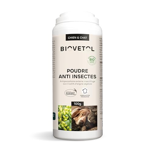 Biovetol - Poudre répulsive antiparasitaire pour Chien &Chat - Bio Certifié Ecocert - Anti-puces, Anti-Tiques, Anti moustiques – sans rinçage- Conçu et Fabriqué en France - 100g