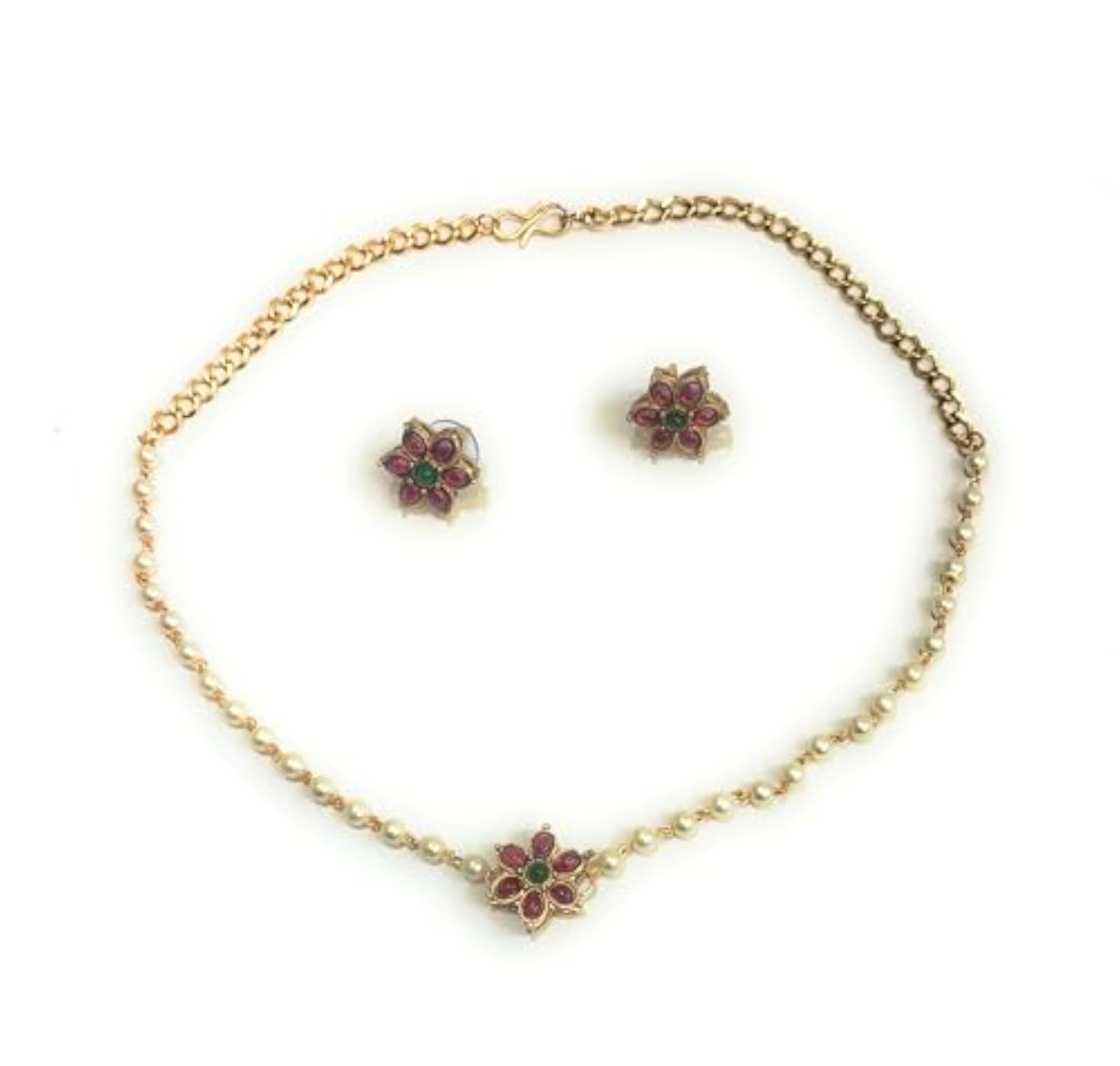 Women's Ruby Choker Pendant Necklace Set with Beaded Antique Design