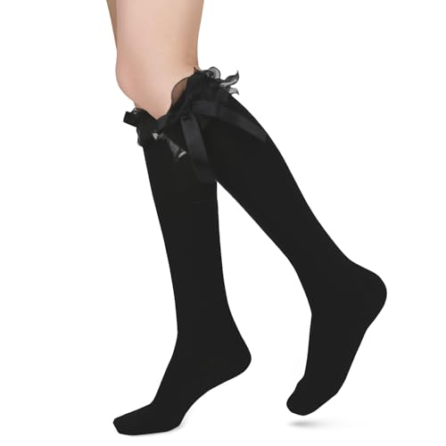 Benefeet Sox Black Knee High Socks with Bow Ruffle Trim Cute Cotton Knee High Stockings for Women Girls Long Tube Lolita Calf Socks Halloween Cosplay Costume