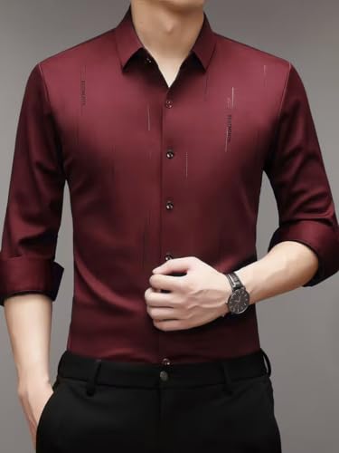 Image of IndoPrimo Men's Regular Fit Satin Designer Shirt with Stylish Vertical Line Sequence | Long Sleeve Formal & Casual Button Down Shirt for Casual and Party Look