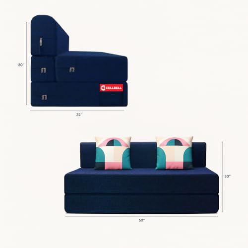 Image of CELLBELL Comfy Sofa Cum Bed 5x6.5 Feet | Foldable Dual Use Couch Bed with Soft Cushions, Washable Fabric Cover & Sturdy Frame | Space Saving Modern Design for Living Room, Bedroom Use (Navy Blue)
