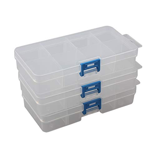 BangQiao 3 Pack Small Adjustable Plastic Storage Divider Box, Plastic Bead Organizer Box with 8 Grids, Clear