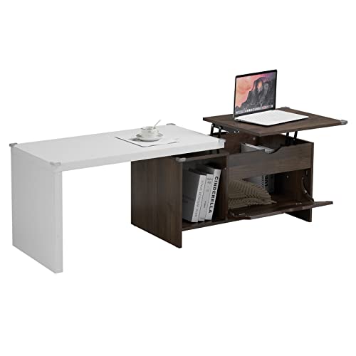 Vingli White Walnut 59" L Extendable Lift Coffee Table With Trunk Storage, Large Farmhouse Wood Transformer Center Sofa Cocktail Tables With Pop Up&Swivel Tabletop For Living Room, Space-Saving #TOP5
