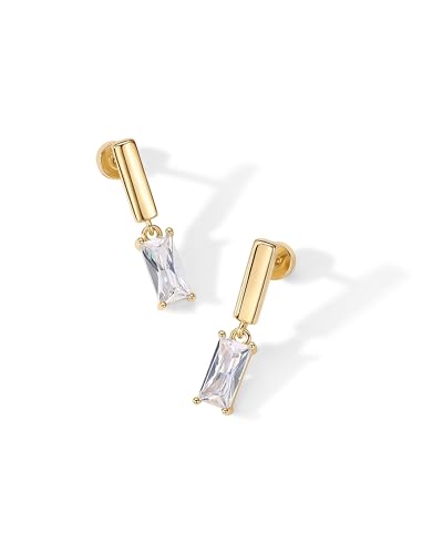 PAVOI 14K Gold Plated Sterling Silver Posts Mini Bar Drop Dangle Flatback Earrings for Women | Dainty Helix Cartilage Piercing Jewelry | Baguette Bezel Marquise Pearl Cubic Zirconia Screwback Stud Earrings3