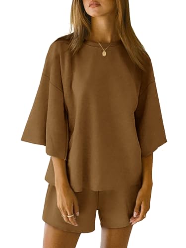 Image of Tankaneo Womens Pajama Sets 3 /4 Sleeve Oversized Tops & Loose Fit Shorts Lounge Set with Pockets Loungewear