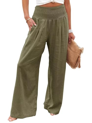 Chatinction Women Linen Palazzo Pants Flowy Wide Leg High Waist Lounge Boho Pant Trousers with Pockets