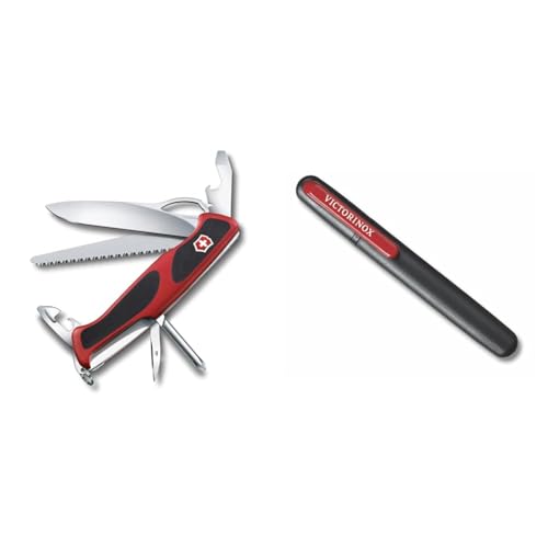 Victorinox Taschenmesser Ranger Grip 78 (12 Funktionen, Einhand-Feststellklinge) rot/schwarz & Dual-Messerschärfer, Tragbar, Schleifstein für Grobschliff, Keramikplättchen für Feinschliff