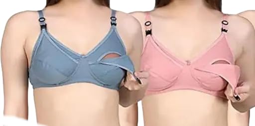 Maternity Nursing Bra Cotton for Women Soft Comfortable Feeding Bra with Easy Clip Down Cups Pink Blue-image-37