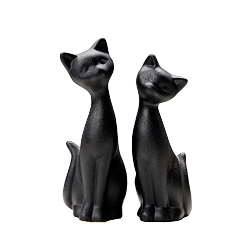 QIANLING Schwarze Katzenstatue, Heimdekoration, Mini-Katzenfiguren, Raumdekoration, matte Keramik, kleine Katzenfigur, ideal für Innendekoration oder Paare, Hochzeitsgeschenke, 2 Stück