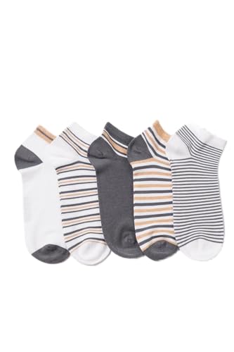 bony&katia Men's Striped Ankle Socks, White and Gray, 5 Pairs