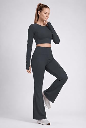 Image of PINAAK FASHION Women's Yoga Co-Ord Set | Full Sleeve Crop Top & Flared High Waist Yoga Pants with Pocket | Thumb Hole Sleeves | Bell Bottom Gym Wear Activewear Tracksuit for Workout, Running & Lounge