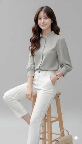 Image of Messica Women Brown Solid Cotton Blend Knitted Top | Ruffle Neck | 3 /4 Sleeve | Regular Fit Casual Office Wear Top