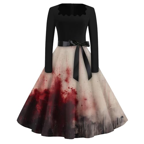 uxxnjfg Vestido de Halloween mulher renda vampiro manga comprida vestidos de festa elegantes disfarces pescoço redondo carnaval Cocktail Swing Dress, 3# vinho, Pequeno