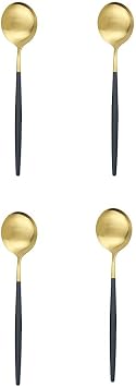 4Pcs Matte Tea & Coffee Spoon Set - Stainless Steel Silverware, Small Stirring Spoon, Tableware, Kitchen Flatware, 5.11" Gold & Black