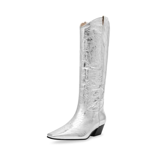 Steve Madden Steve Madden Women's Dollie Western Boot, Silver Leather, 8