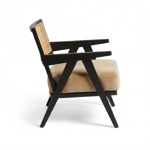 Image of Kingsman Furnitures ABEL Rattan Teak Wood Accent Arm Chair for Home Bedroom, Living, Dining, Drawing Room | Ultra Soft and Comfortable for Stress Free | Removable Cushion (Natural Cane- Beige Velvet)
