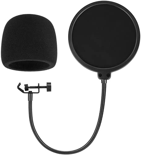 Microphone Pop Filter For Blue Yeti/Other Mic, PEMOTech Dual-Layered Pop Filter with 360Â°Gooseneek & Mic Cover Foam Windscreen Compatible for Blue Yeti/Yeti Pro, Perfect for Record/Youtube