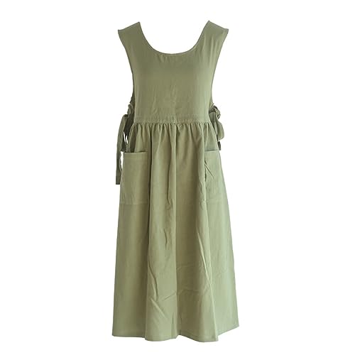 CHAILIQIANGG Tablier pour femme grande taille, coton lin lavé avec 2 poches, couleur unie japonaise, gilet robe de travail ajustable pour cuisine, vert, 130 cm