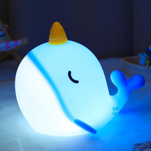 Image of Ammonite Blue Narwhal Night Light, Soft Silicone Whale Nursery Lamp with 3 Dimming Levels and 30-Minute Timer, Touch Control Nightlight for Bedroom Decor, Christmas Birthday Gift