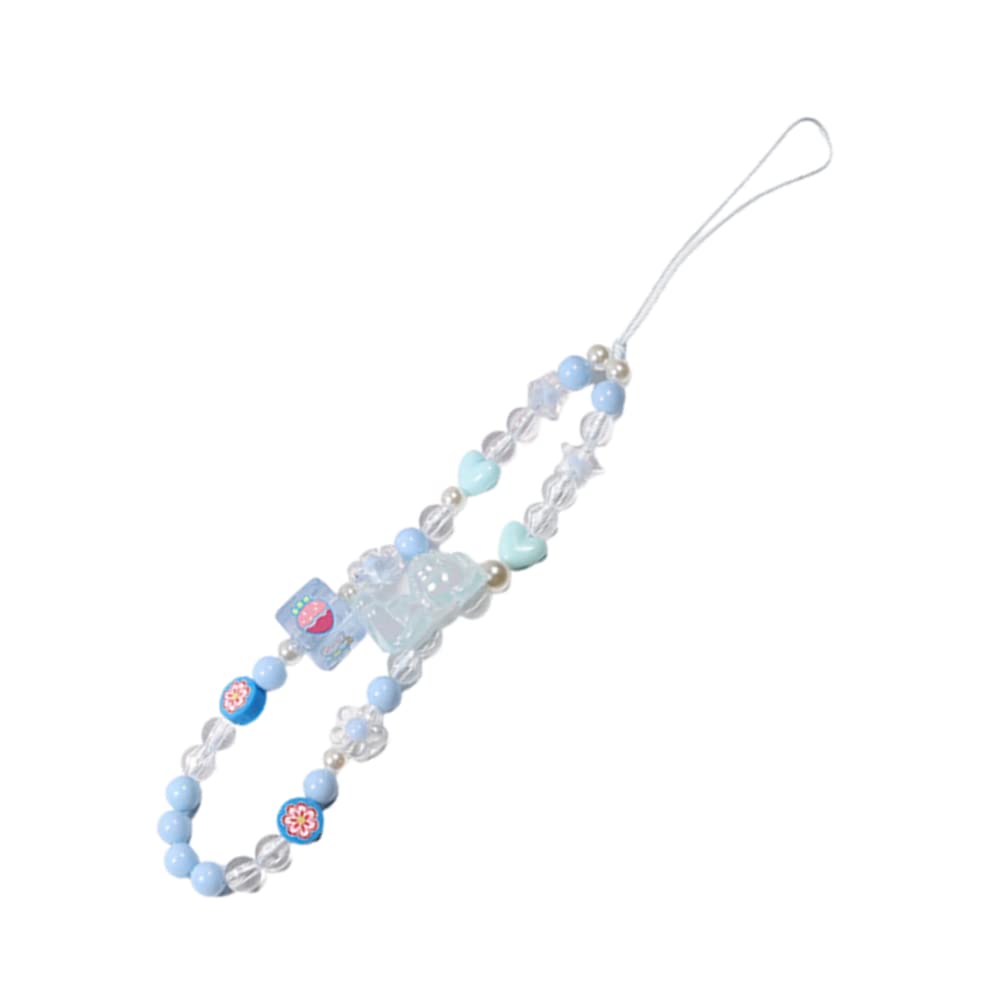 Beaded Kawaii Bear Phone Charm Lanyard Wristband Colorful Flower Charm Anti-Loss Chain Accessories Sweet Gift-C Blue