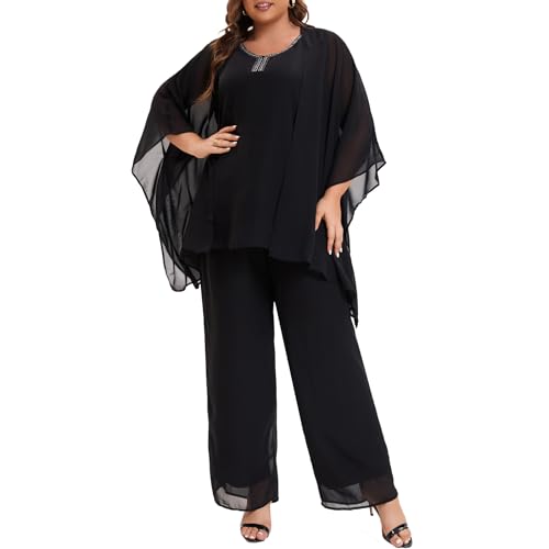 Plus Size Mother of Bride Pant Suits 3 Piece Chiffon Party Sets Handmade Sequins Wedding Guest Outfit