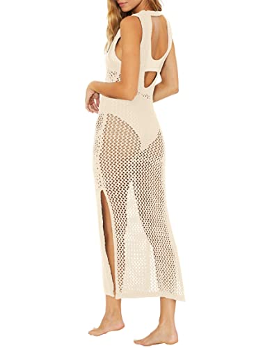 Ebifin Womens Sexy Cover Ups Crochet Dress Sleeveless Crew Neck Hollow Out Beach Cover Up Side Slit Knit Midi Dresses4