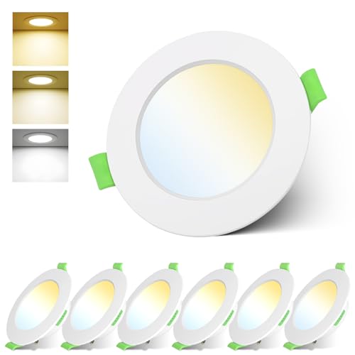 Focos Led Techo Empotrable 7W 220V, Ojos de Buey IP44, Downlight Led Blanco Cálido 3000K, Neutro 4000K, Frío 6000K Ajustable, Corte 75-90mm, Extraplano 24mm, para Baño Cocina, Redondo Blanco, 6 Pack