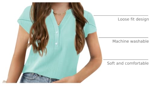 Image of Haloumoning Girls Petal Short Sleeve T Shirts V-Neck Tops | Summer, Casual Tops, Solid Color, Button Up Dress Shirt, 5-14 Years