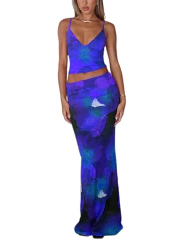 Image of ksotutm Maxi Skirt Set Floral Print Halter Top Maxi Skirt Sexy Going Out Outfits for Women
