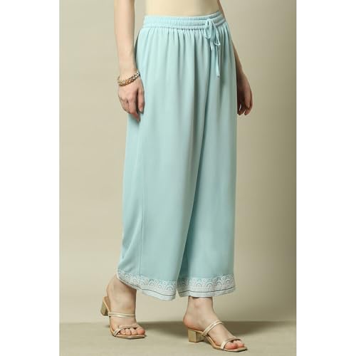 Image of Rangriti Blue Poly Georgette Solid Straight Fit Palazzo for Women