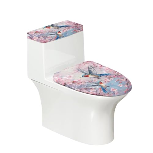 Veniyate Hummingbird Floral Print Toilet Lid Cover and Toilet Tank Lid Cover Set of 2, Bathroom Decorations Toilet Protector Dust Cover Lid Cover with Elastic Edge