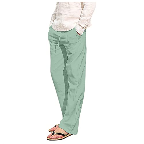 Men's Cotton Linen Pants Elastic Waist Drawstring Casual Trouser Lightweight Straight-Legs Loose Beach Yoga Pants