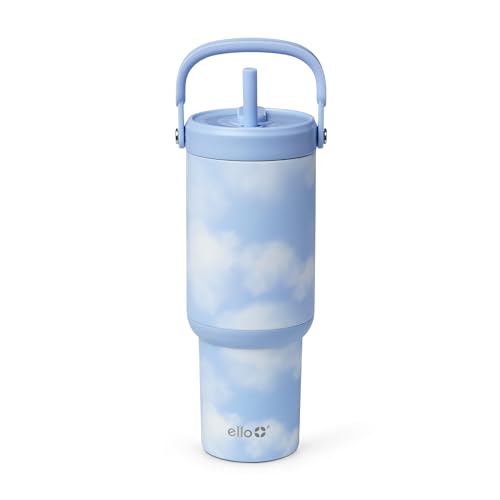 Image of Ello Oasis Go+ 26oz Tumbler with Top Handle and Retracting Straw | Reusable Insulated Stainless Steel Cup, 100% Leakproof Water Bottle, 24 Hours Cold, Cup Holder Friendly For Travel | In The Clouds