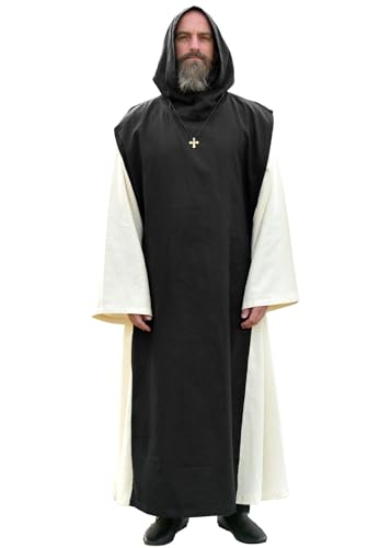 Battle-Merchant Medieval Monk Robe Anselm 2-in-1 Habit with Hood & Scapular Natural/Black 100% Cotton Small/Medium