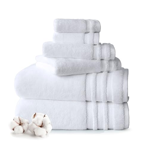 Image of MYTRIDENT Finesse 6 Piece Towel Set (2 Pc Bath Towels, 2 Pc Hand Towels, 2 Pc Face Towels), 625 GSM, Zero-Twist, Luxuriously Soft, 100% Cotton - White